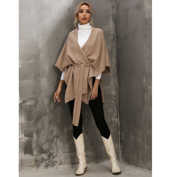 Knitted Cape Belted in Tan - Picture 9 of 10